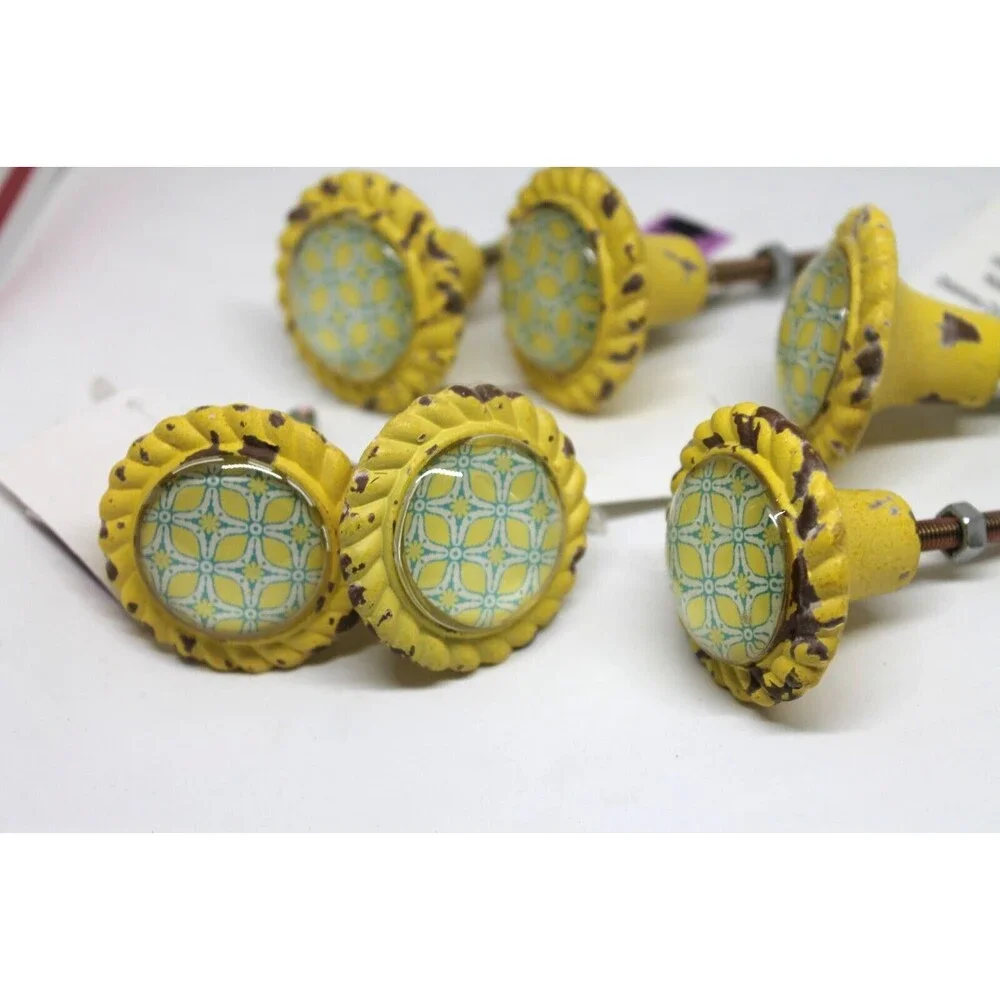 Yellow & Blue Distressed FLORAL Drawer Set of 6 - Pull Knobs Cottage Core